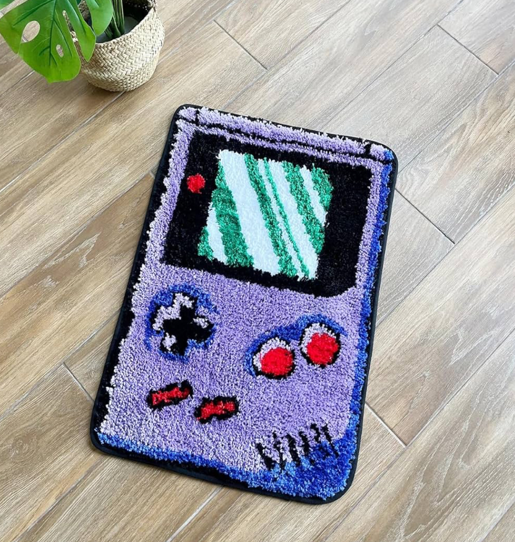 Purple Game Console Tufted Rug – Retro Flocking Carpet, Anti-Slip Cute Doormat (35.4” x 23.6”) for Aesthetic Home Decor