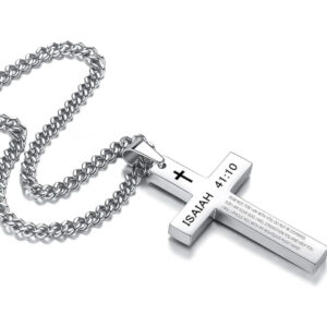 REVEMCN Inspirational Bible Verse Cross Necklace for Men Boys, Stainless Steel Plain Black Silver Cross Pendant Necklace for Men 20-24 Inches Curb Chain Faith Jewelry Gift