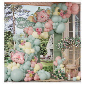 Tea Party Decorations Balloon Garland Kit – 139pcs Pastel Pink Green with Teapot Balloons for Girls Birthday, Garden or Spring Tea Party