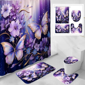 4-Piece Purple Floral Butterfly Shower Curtain Set with Non-Slip Rugs, Toilet Lid Cover & Bath Mat – Elegant Bathroom Decor (Hooks Not Included)