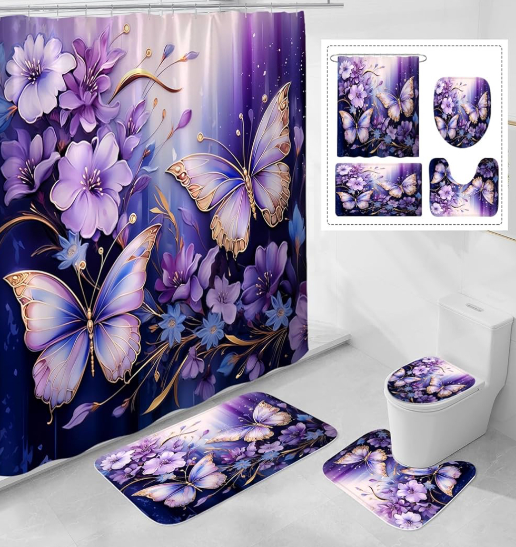 4-Piece Purple Floral Butterfly Shower Curtain Set with Non-Slip Rugs, Toilet Lid Cover & Bath Mat – Elegant Bathroom Decor (Hooks Not Included)
