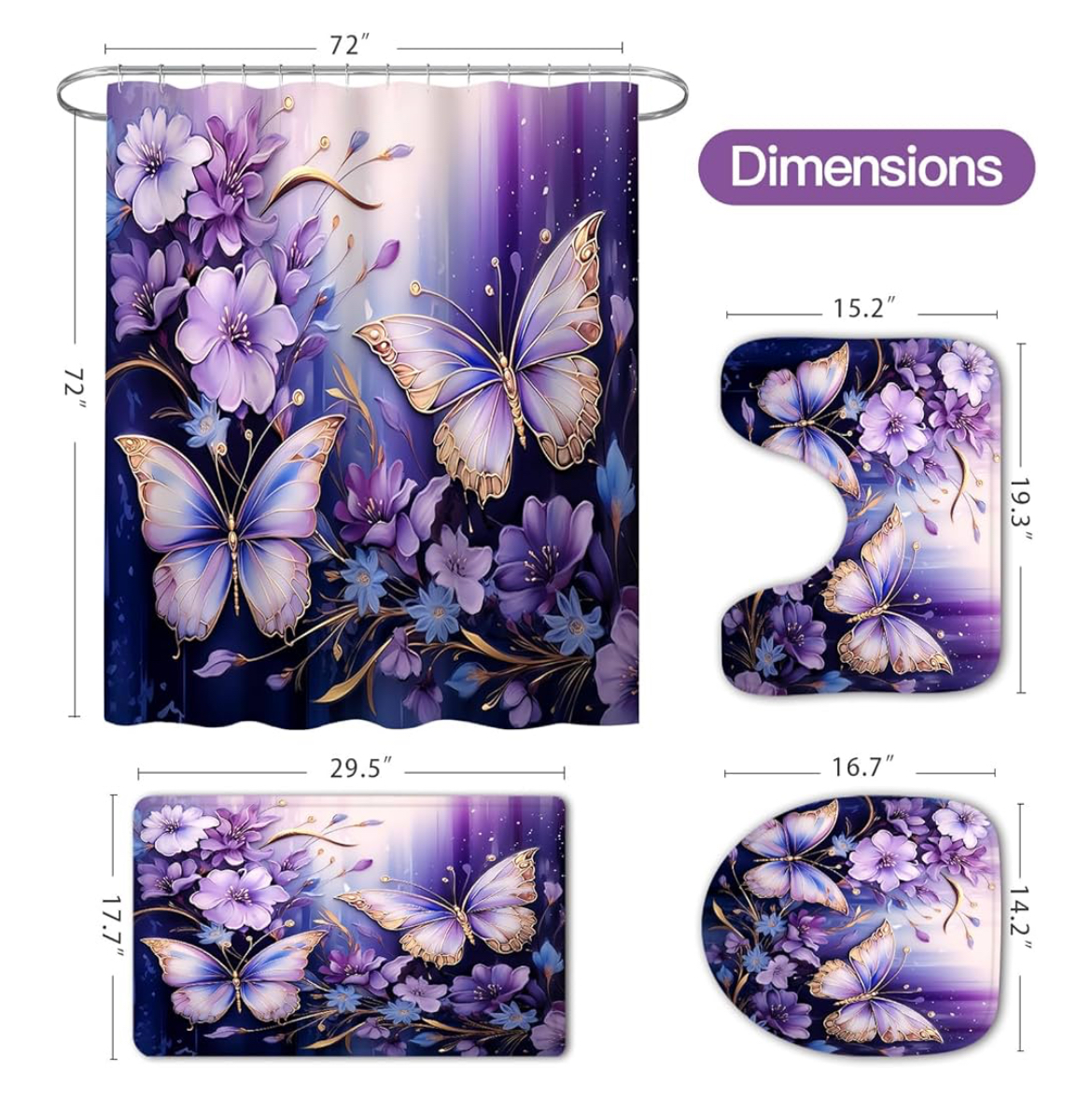 4-Piece Purple Floral Butterfly Shower Curtain Set with Non-Slip Rugs, Toilet Lid Cover & Bath Mat – Elegant Bathroom Decor (Hooks Not Included) - Image 2