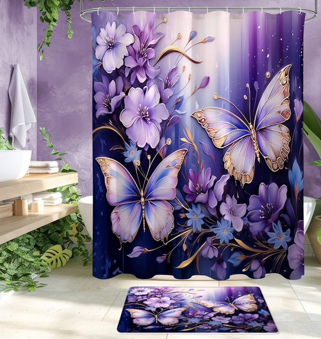 4-Piece Purple Floral Butterfly Shower Curtain Set with Non-Slip Rugs, Toilet Lid Cover & Bath Mat – Elegant Bathroom Decor (Hooks Not Included) - Image 5