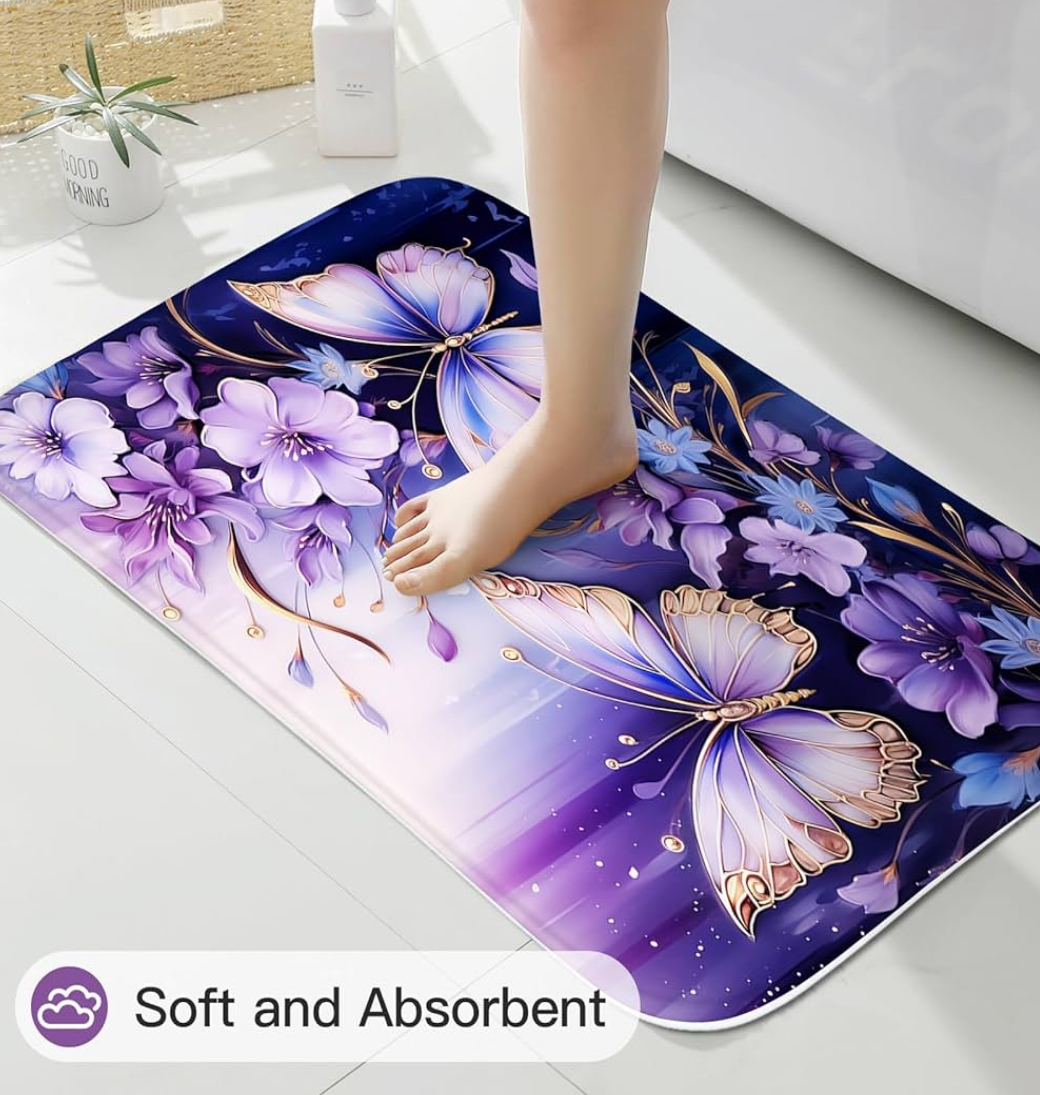 4-Piece Purple Floral Butterfly Shower Curtain Set with Non-Slip Rugs, Toilet Lid Cover & Bath Mat – Elegant Bathroom Decor (Hooks Not Included) - Image 6