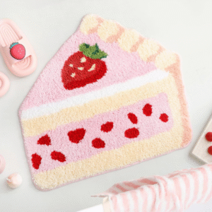 Strawberry Cake Bath Mat – Cute Pink Washable Non-Slip Rug for Bathroom, Bedroom, or Kitchen – Soft Kawaii Dessert Bathroom Decor, Plush Absorbent Microfiber Mat (26×28 inches)