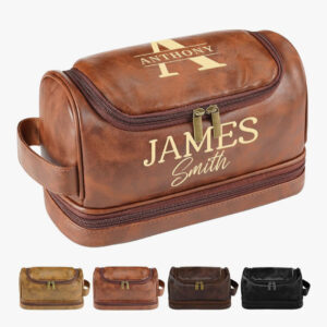 Personalized Men’s Toiletry Bag – Custom Engraved Leather Dopp Kit with Name or Text – Waterproof Travel Bag for Men, Dad, Husband, or Grandpa – Ideal Father’s Day or Birthday Gift