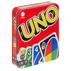 UNO Card Game in Travel Tin by Mattel – Classic Family Card Game for Kids, Adults & Parties | Color Blind Accessible & Customizable Deck (112 Cards)