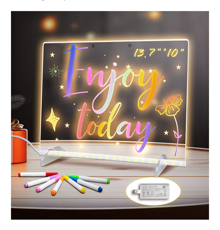 LED Note Board with 7 Colors & 4 Light Modes | 13.7" x 10" Acrylic Dry Erase Board with Stand, Hanging Chain, Adapter, 7 Markers & Spray Bottle | Light-Up Drawing Board for Kids & Adults
