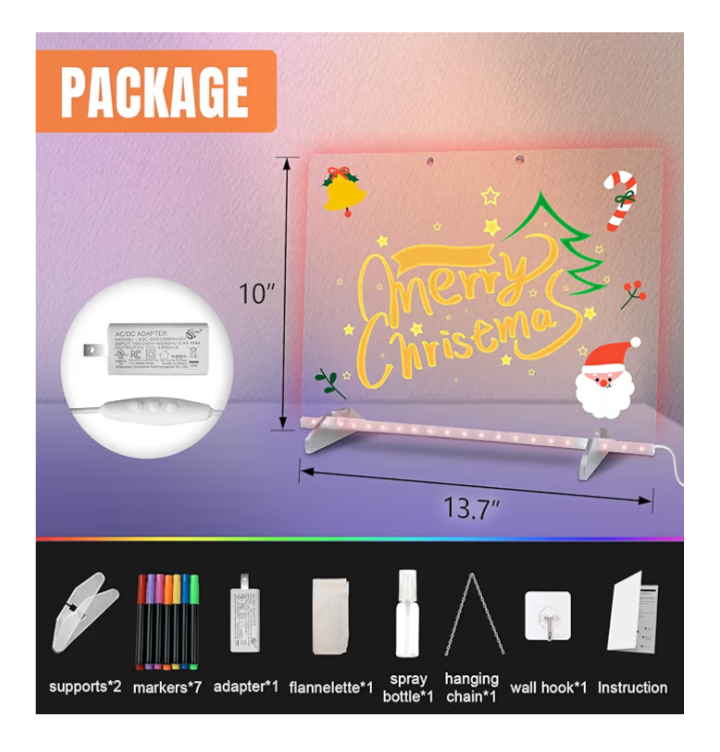 LED Note Board with 7 Colors & 4 Light Modes | 13.7" x 10" Acrylic Dry Erase Board with Stand, Hanging Chain, Adapter, 7 Markers & Spray Bottle | Light-Up Drawing Board for Kids & Adults - Image 2
