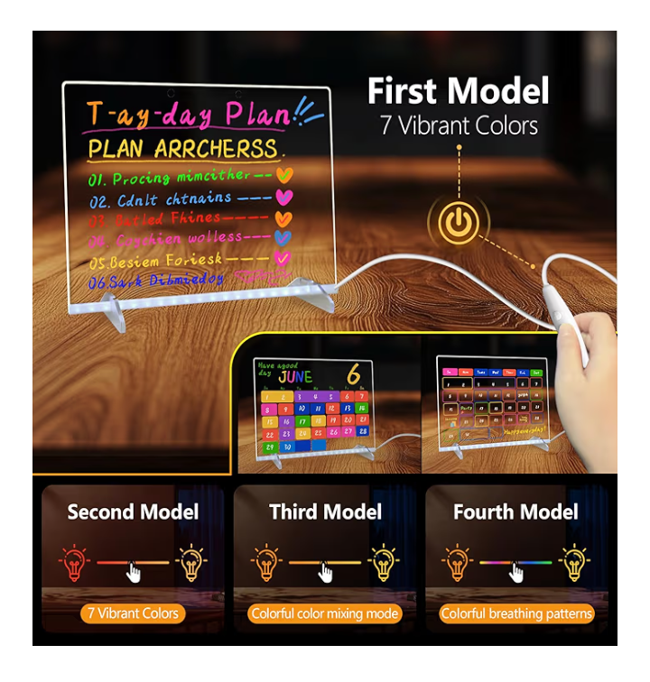 LED Note Board with 7 Colors & 4 Light Modes | 13.7" x 10" Acrylic Dry Erase Board with Stand, Hanging Chain, Adapter, 7 Markers & Spray Bottle | Light-Up Drawing Board for Kids & Adults - Image 5