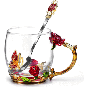 Gifts for Mom & Women | Enamel Glass Coffee Mug with Butterfly & Rose Design + Matching Spoon | Elegant Handmade Tea Cup | Perfect Christmas, Valentine’s, Birthday, or Mother’s Day Gift for Her, Wife, or Girlfriend