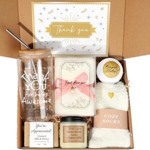 Thank You Gifts for Women – Gratitude Deluxe Gift Box with 18oz “Thank You for Being Awesome” Glass Cup, Candle, Bath Bomb & Handmade Soap – Appreciation Gift for Coworkers, Teachers, Nurses, Employees, or Bosses
