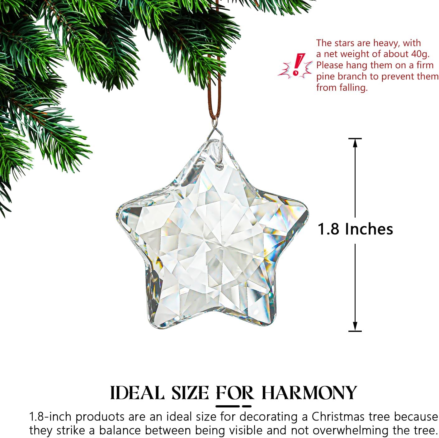 H&D HYALINE & DORA Set of 6 Crystal Glass Christmas Star Ornaments – Clear Faceted Glass Hanging Decorations for Xmas Tree, Winter & New Year Party Décor - Image 6