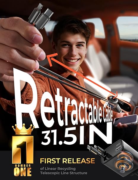 LISEN Retractable Car Charger 69W – 4-in-1 USB C Fast Car Adapter with Dual USB Ports, 180° Adjustable Plug & 31.5” Retractable Cable – Car Accessories Gift for Men & Women, Compatible with iPhone 17 Pro Max, 16, 15, 14, 13, Air - Image 3