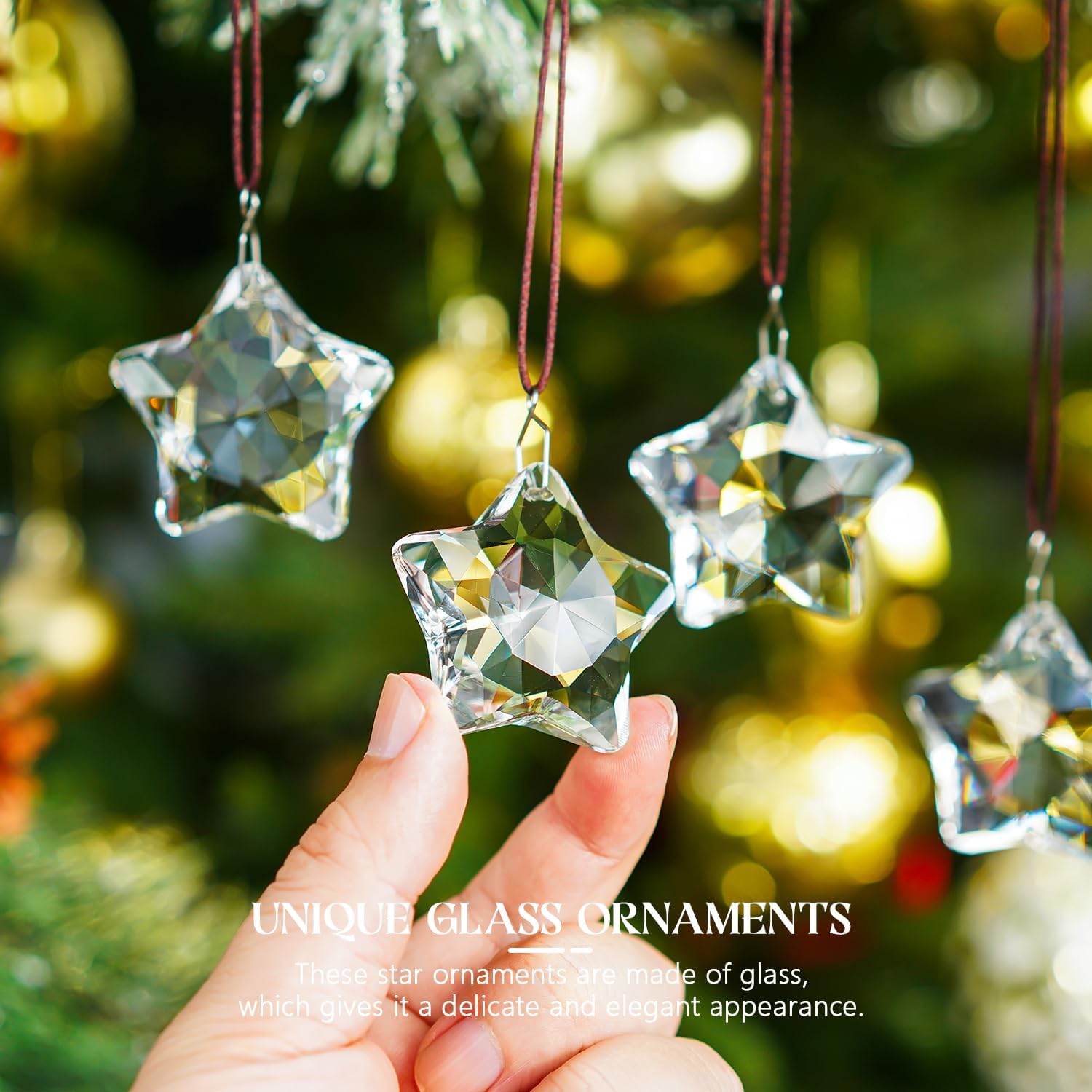 H&D HYALINE & DORA Set of 6 Crystal Glass Christmas Star Ornaments – Clear Faceted Glass Hanging Decorations for Xmas Tree, Winter & New Year Party Décor - Image 7