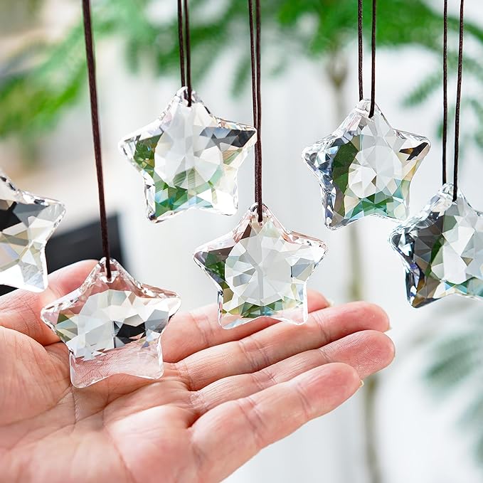 H&D HYALINE & DORA Set of 6 Crystal Glass Christmas Star Ornaments – Clear Faceted Glass Hanging Decorations for Xmas Tree, Winter & New Year Party Décor - Image 2