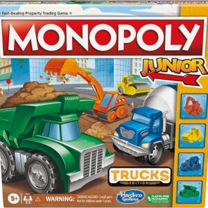 Monopoly Junior: Trucks Edition Board Game for Kids Ages 5+, Fun Construction-Themed Family Game, 2–4 Players, Includes 4 Truck Tokens
