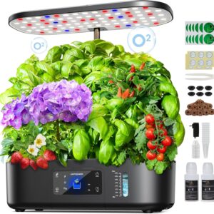 Ahopegarden Hydroponics Indoor Herb Garden Kit – 12 Pods, LCD Touch Grow Light, Adjustable 17” Height, Fresh Lettuce & Veggies, Black