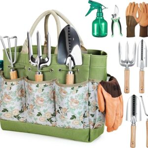 Grenebo 9-Piece Heavy Duty Garden Hand Tools Set with Organizer Handbag – Rust-Proof, Ergonomic Handles, Ideal Gardening Gift for Women
