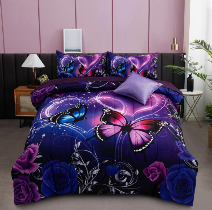 A Nice Night 6-Piece Queen Comforter Set – 3D Purple & Blue Galaxy Butterfly Bedding Set for Girls, Kids, and Teens – Bed in a Bag with Sheets, Pillowcases & Cushion Cover – Soft Microfiber All-Season Bedding