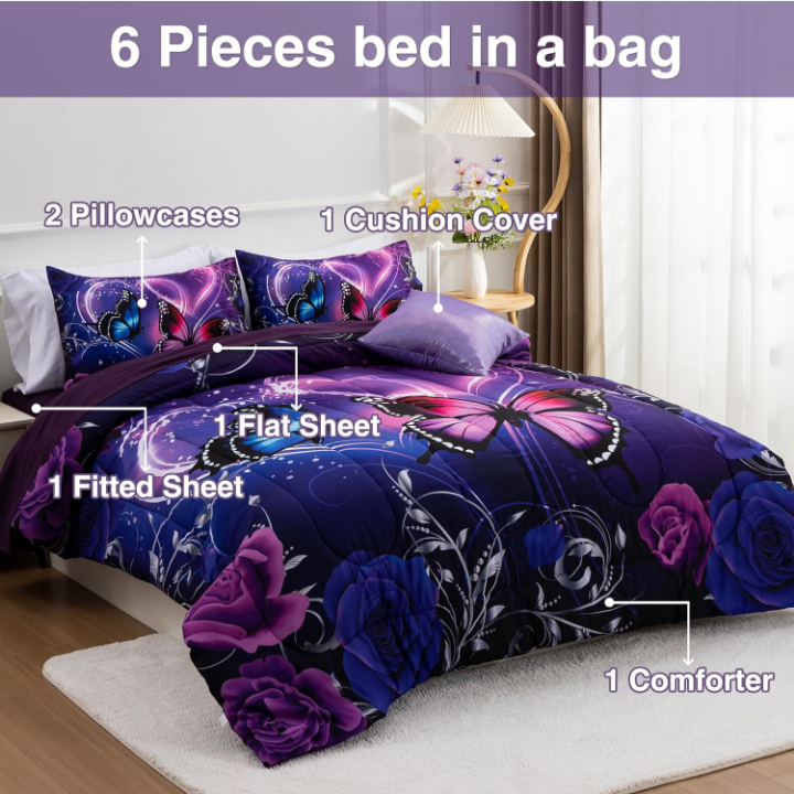 A Nice Night 6-Piece Queen Comforter Set – 3D Purple & Blue Galaxy Butterfly Bedding Set for Girls, Kids, and Teens – Bed in a Bag with Sheets, Pillowcases & Cushion Cover – Soft Microfiber All-Season Bedding - Image 3