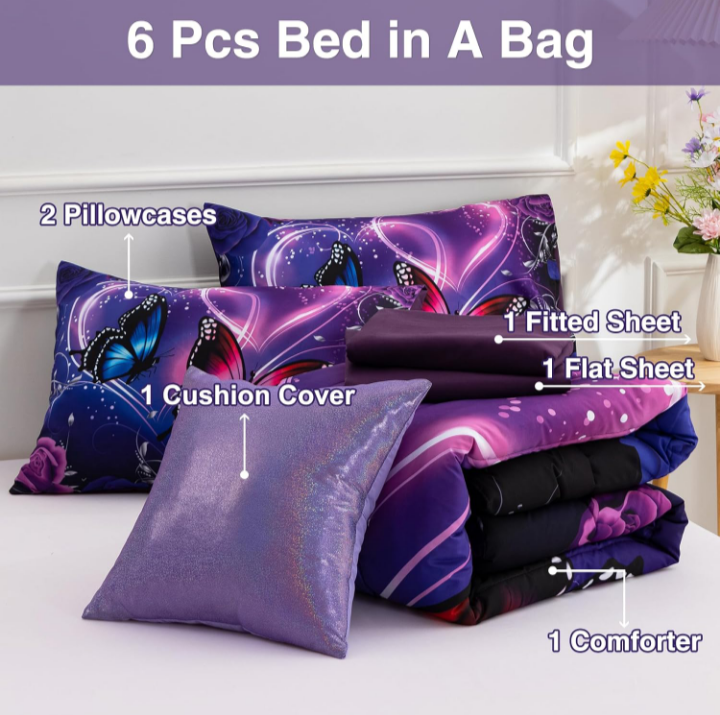 A Nice Night 6-Piece Queen Comforter Set – 3D Purple & Blue Galaxy Butterfly Bedding Set for Girls, Kids, and Teens – Bed in a Bag with Sheets, Pillowcases & Cushion Cover – Soft Microfiber All-Season Bedding - Image 4
