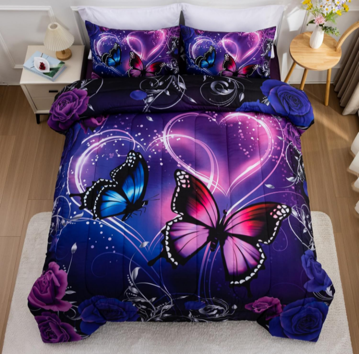 A Nice Night 6-Piece Queen Comforter Set – 3D Purple & Blue Galaxy Butterfly Bedding Set for Girls, Kids, and Teens – Bed in a Bag with Sheets, Pillowcases & Cushion Cover – Soft Microfiber All-Season Bedding - Image 7