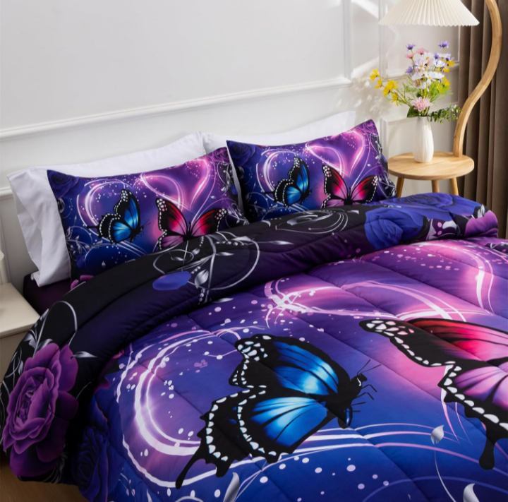 A Nice Night 6-Piece Queen Comforter Set – 3D Purple & Blue Galaxy Butterfly Bedding Set for Girls, Kids, and Teens – Bed in a Bag with Sheets, Pillowcases & Cushion Cover – Soft Microfiber All-Season Bedding - Image 8