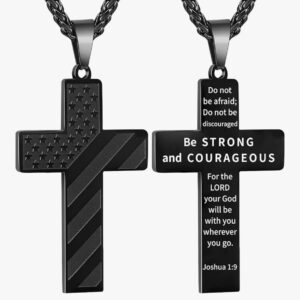 American Flag Cross Necklace for Men – Stainless Steel Bible Verse Pendant
