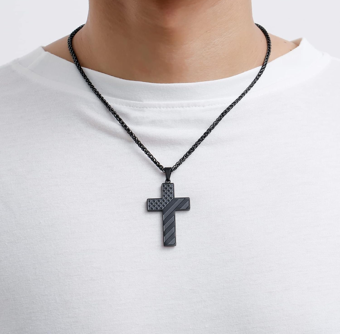 American Flag Cross Necklace for Men – Stainless Steel Bible Verse Pendant - Image 2